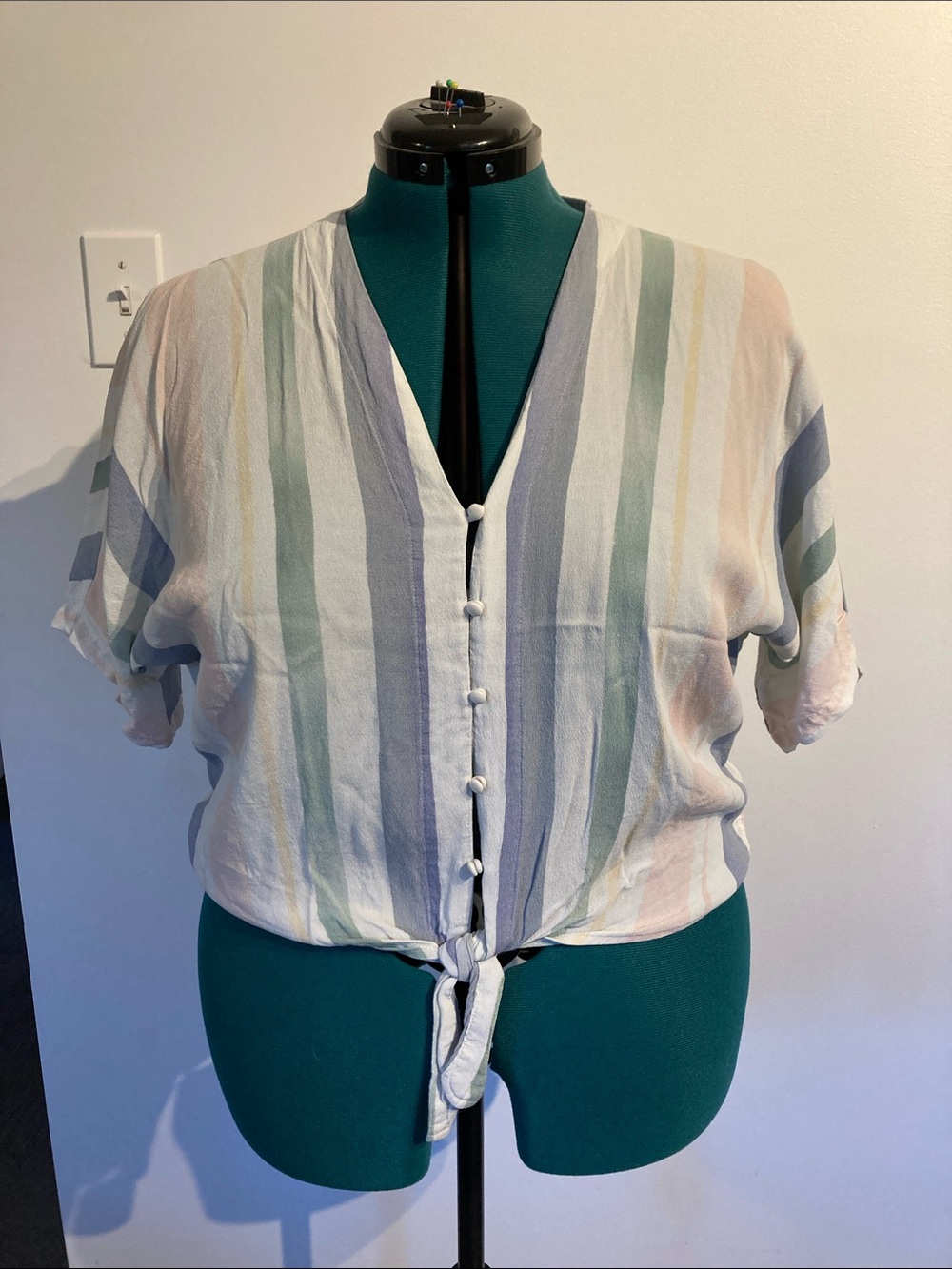 Tie-Front Blouse with Pastel Stripes and Button Accents